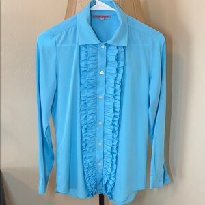 Michele Baconnier Light Blue Ruffle Front Blouse Women’s Size S – Elegant Top